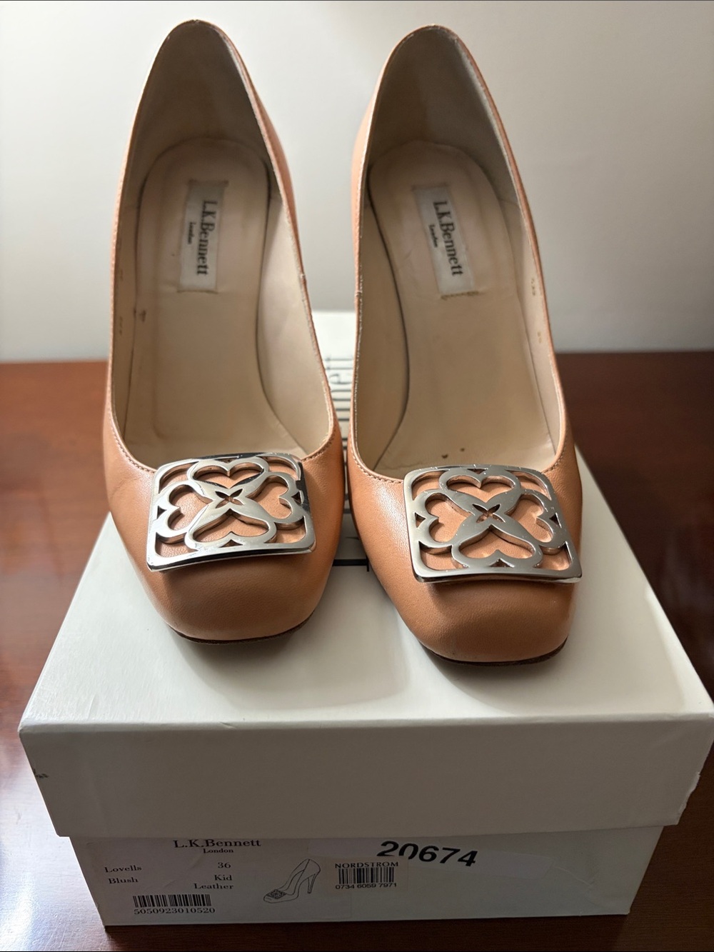 LK Bennett Tan Leather Pumps with Silver Logo Buckle
